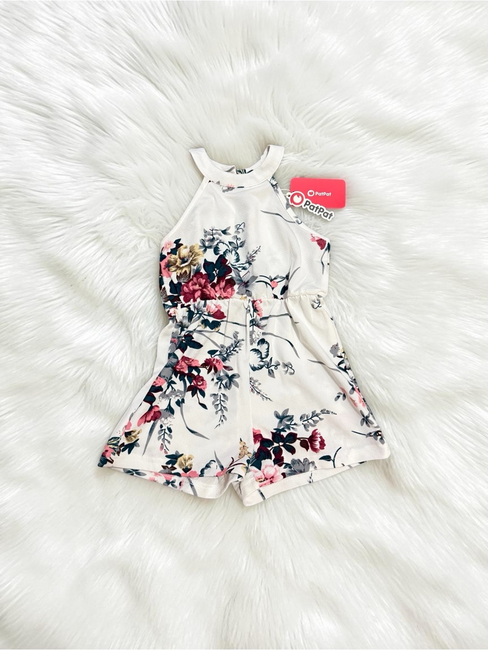 PatPat Cream Floral Halter Romper with Pink, Green and Gold Floral Print